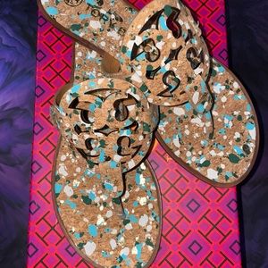 Brand New Tory Burch Blue Confetti Cork Sandals